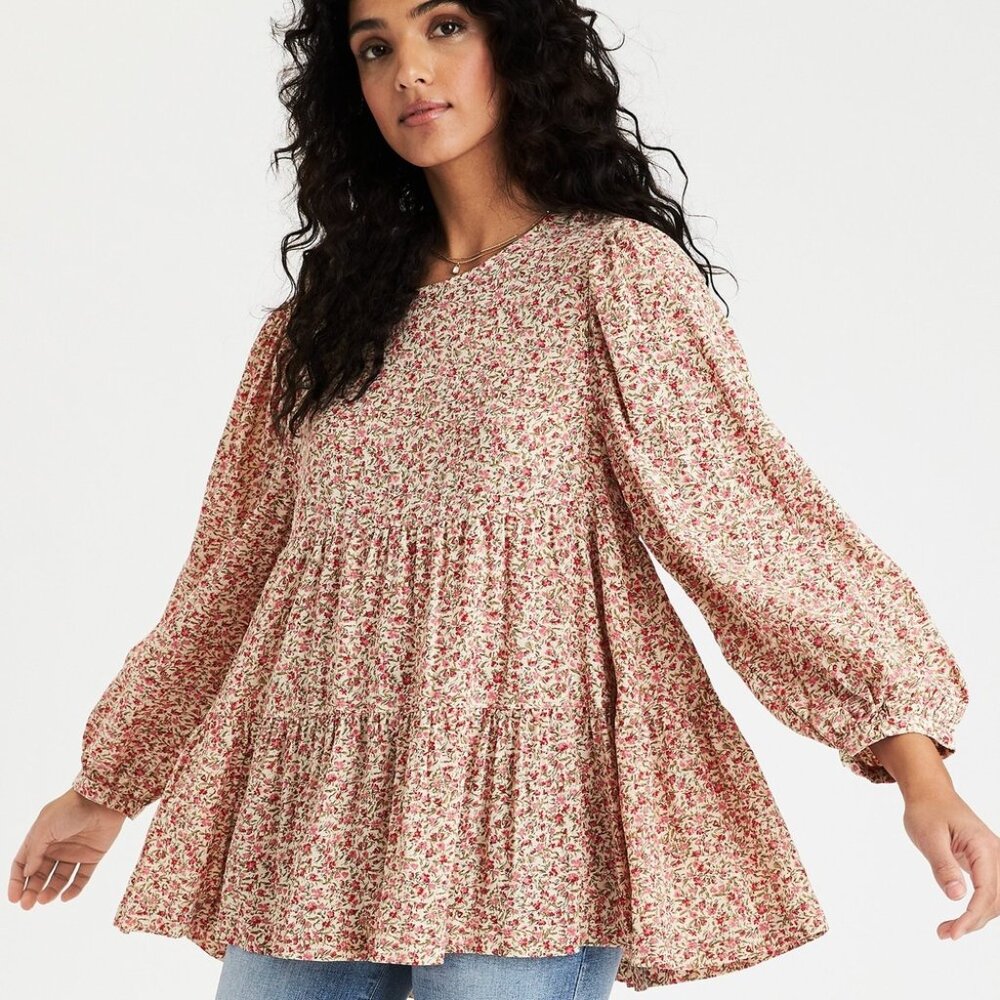 American Eagle Women's Red Floral Printed Open Back Tunic Babydoll Top Size S